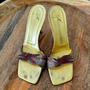 Giuseppe Zanotti gold and red beads  leather strap sandals, 4”high heel, 37